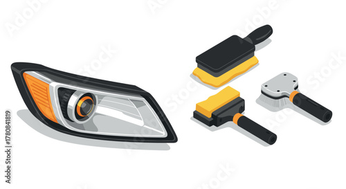 Car headlight and cleaning accessories in isometric style
