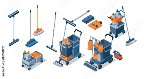 Comprehensive set of isometric cleaning supplies and equipment