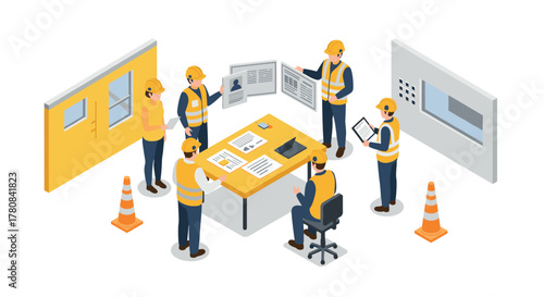 Construction team meeting in isometric office with safety gear and blueprints