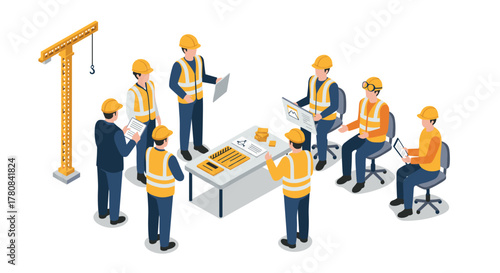 Construction team meeting in isometric style with engineers and architects in office setting