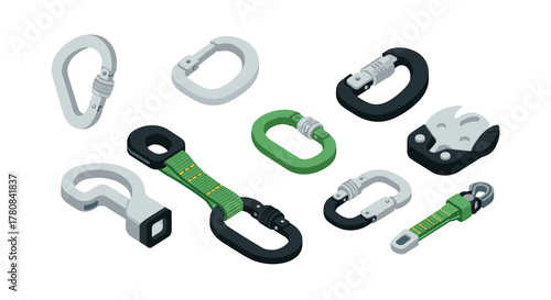 Isometric climbing equipment set featuring carabiners and hooks