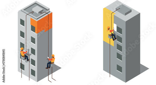 Isometric workers painting highrise buildings construction and maintenance scene
