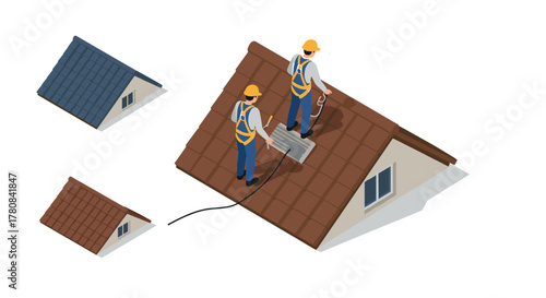 Isometric roofers installing shingles on house professional construction workers in action