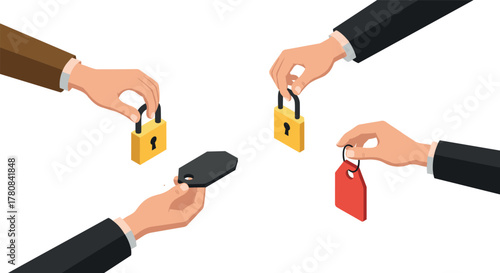 Collaborative security concept with hands holding keys and padlocks in isometric design