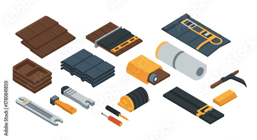 Isometric construction tools and building materials layout