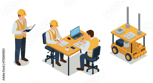 Construction team collaboration with modern technology in isometric style