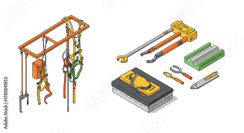 Construction tools and safety gear in isometric style for industrial use