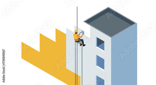 Isometric worker on building facade with bright sunlight