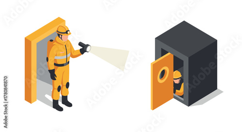 Rescue team concept with isometric emergency workers searching for survivors