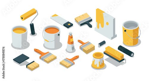 Isometric art supplies collection for painting and decorating projects