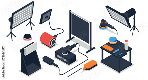 Isometric tech gadgets and equipment set for modern studio design