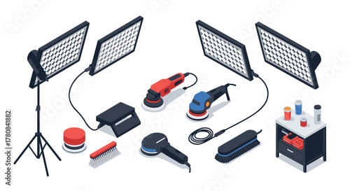 Car detailing equipment in isometric style polishing machines, led lighting, tools