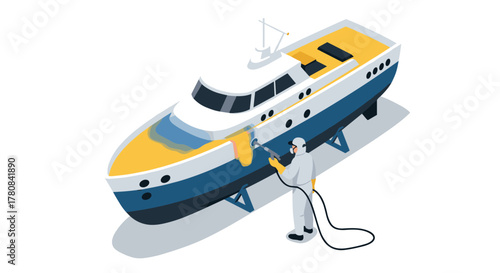 Maintenance worker painting yacht in dry dock with modern flat design