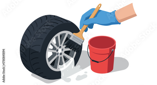 Hand in glove cleaning car tire with brush and soap beside red bucket on white background