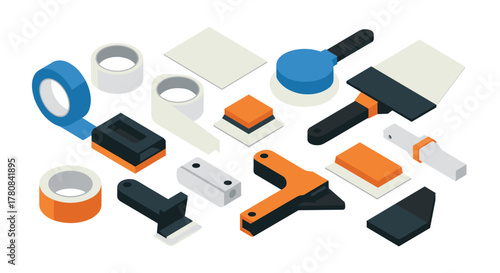Construction tools isometric set with tape, scraper, and trowel on white background