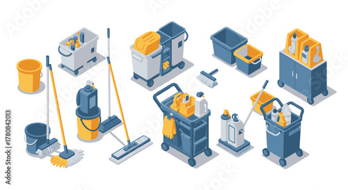 Isometric cleaning equipment set featuring mops, buckets, and storage carts in blue and yellow tones