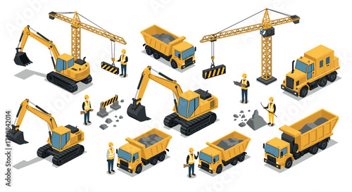 Construction equipment and workers in isometric style with excavators and cranes