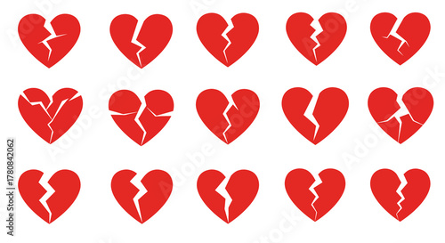 A diverse collection of shattered red heart symbols, perfect for representing themes of heartbreak, separation, and emotional distress