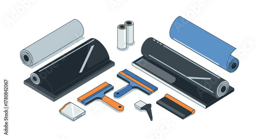 Isometric window tinting tools and film rolls in modern layout