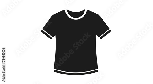 Simple black and white graphic icon of a classic short-sleeved t-shirt with a round neck, symbolizing casual wear, apparel, or merchandise, ideal for clothing store interfaces or fashion design