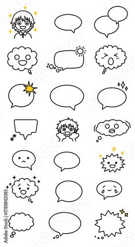Comprehensive vector illustration set featuring various speech bubbles and expressive cartoon faces, conveying a diverse range of emotions and communication concepts for graphic design projects