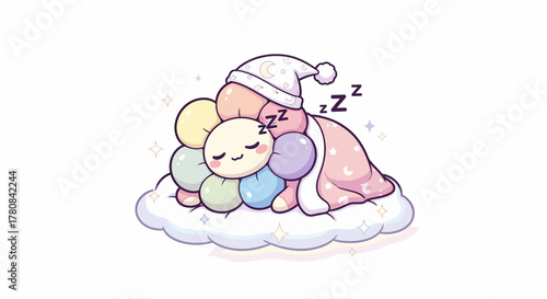 Adorable illustration of a cheerful, colorful flower character peacefully sleeping on a soft cloud, wearing a cozy nightcap, evoking sweet dreams and deep relaxation