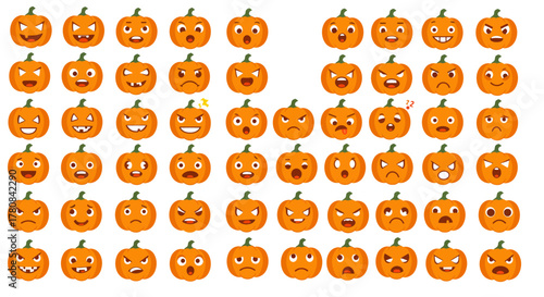 Collection of Halloween pumpkin emoticons with various facial expressions and emotions