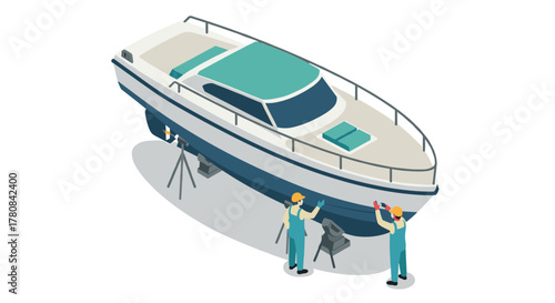 Isometric yacht maintenance scene with workers refinishing boat exterior