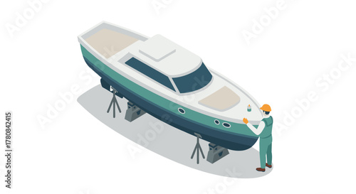 Isometric yacht maintenance scene featuring a worker in a hard hat