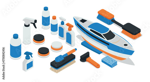 Isometric boat cleaning kit with brushes and cleaning supplies