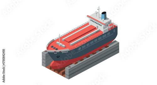 Isometric cargo ship in dry dock on white background