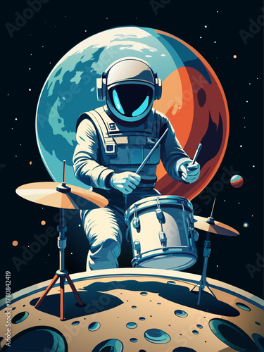 An astronaut in a space suit playing a drum set in space.