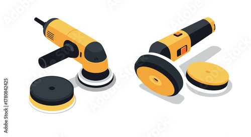 Isometric polishing machines with spare pads on white background