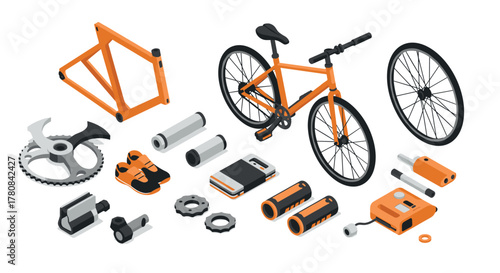 Isometric bicycle assembly with tools and parts in orange and black