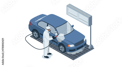 Isometric car disinfection process at modern vehicle cleaning facility