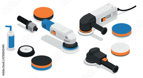 Isometric power tools and equipment for polishing and sanding in vibrant colors
