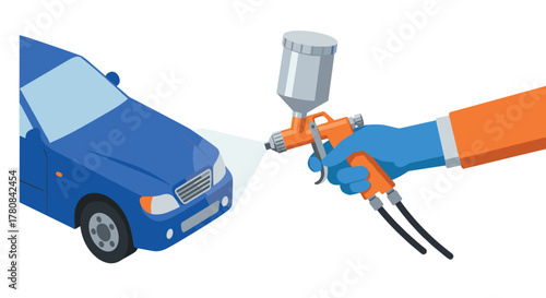 Car painting process with spray gun and protective glove in detailed 3d design