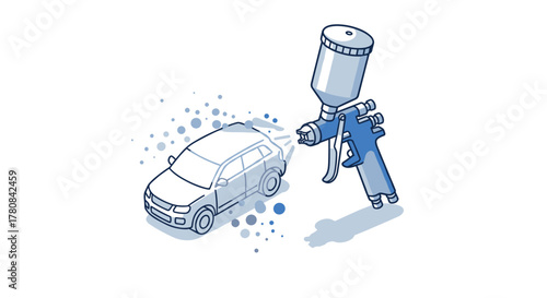 Isometric car paint spray gun and vehicle with dotted effects
