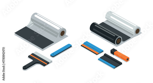 Isometric printing tools and materials with rollers and squeegees in modern design