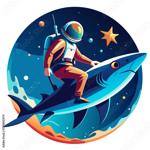 An astronaut with a determined expression riding a massive shark in the ocean of space.