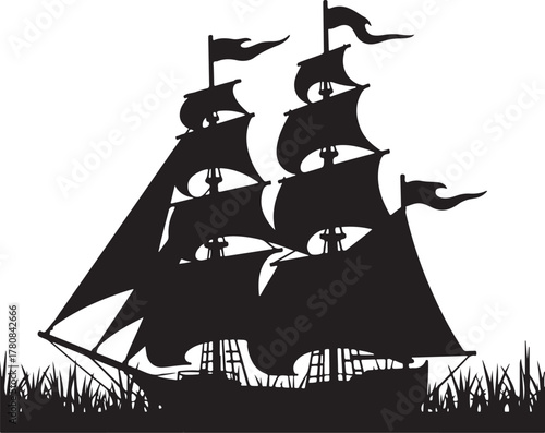 Black silhouette of a tall ship with full sails sailing ship