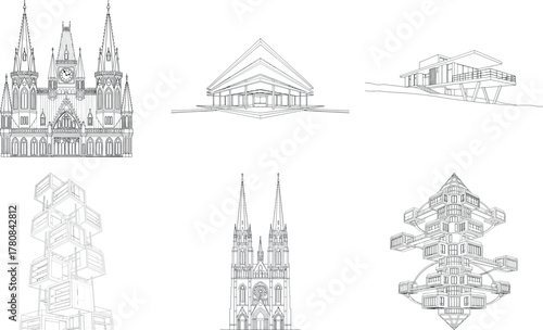 Compilation of gothic and classical architectural sketches