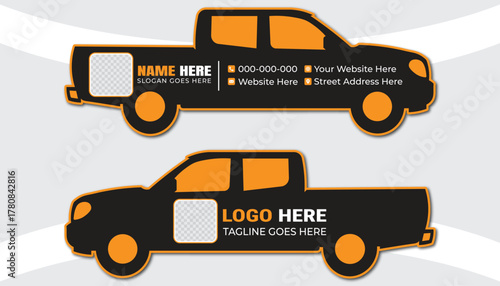 Die-Cut Pickup Truck Business Card Design Template, Service, Logistics & Construction Vehicle Vector