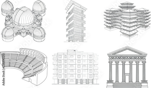 Collection of architectural sketches of buildings and structures