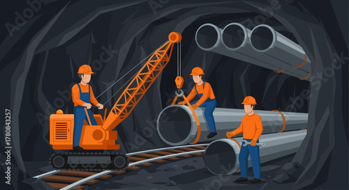 Industrial workers in safety gear operate a crane on railway tracks to move massive pipelines inside a dark, subterranean tunnel