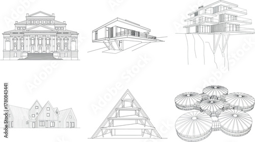 Set of architectural renderings depicting various building types