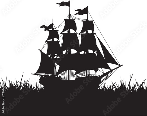 Black silhouette of a tall ship with sails and flags
