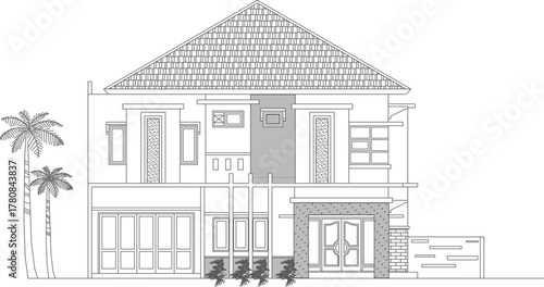 Vector drawing of a modern tropical two-story house elevation with a pitched/pyramid roof and mixed facade textures. Detailed architectural CAD.