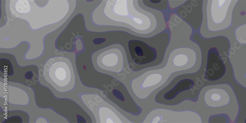 Abstract topographic map-inspired design featuring organic, flowing contour lines in grayscale with delicate purple highlights, suitable for scientific, artistic, and contemporary visual themes