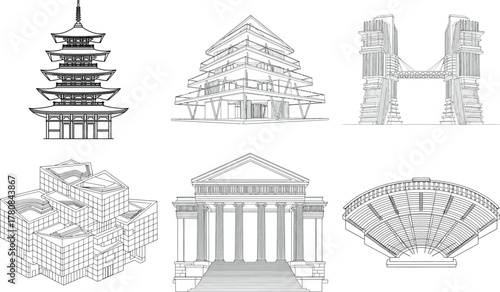 Assortment of architectural drawings featuring diverse building styles